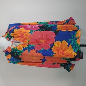 Calvin Klein Orange Blue Floral Chiffon Long Sleeve Tie Neck Blouse Size 0X